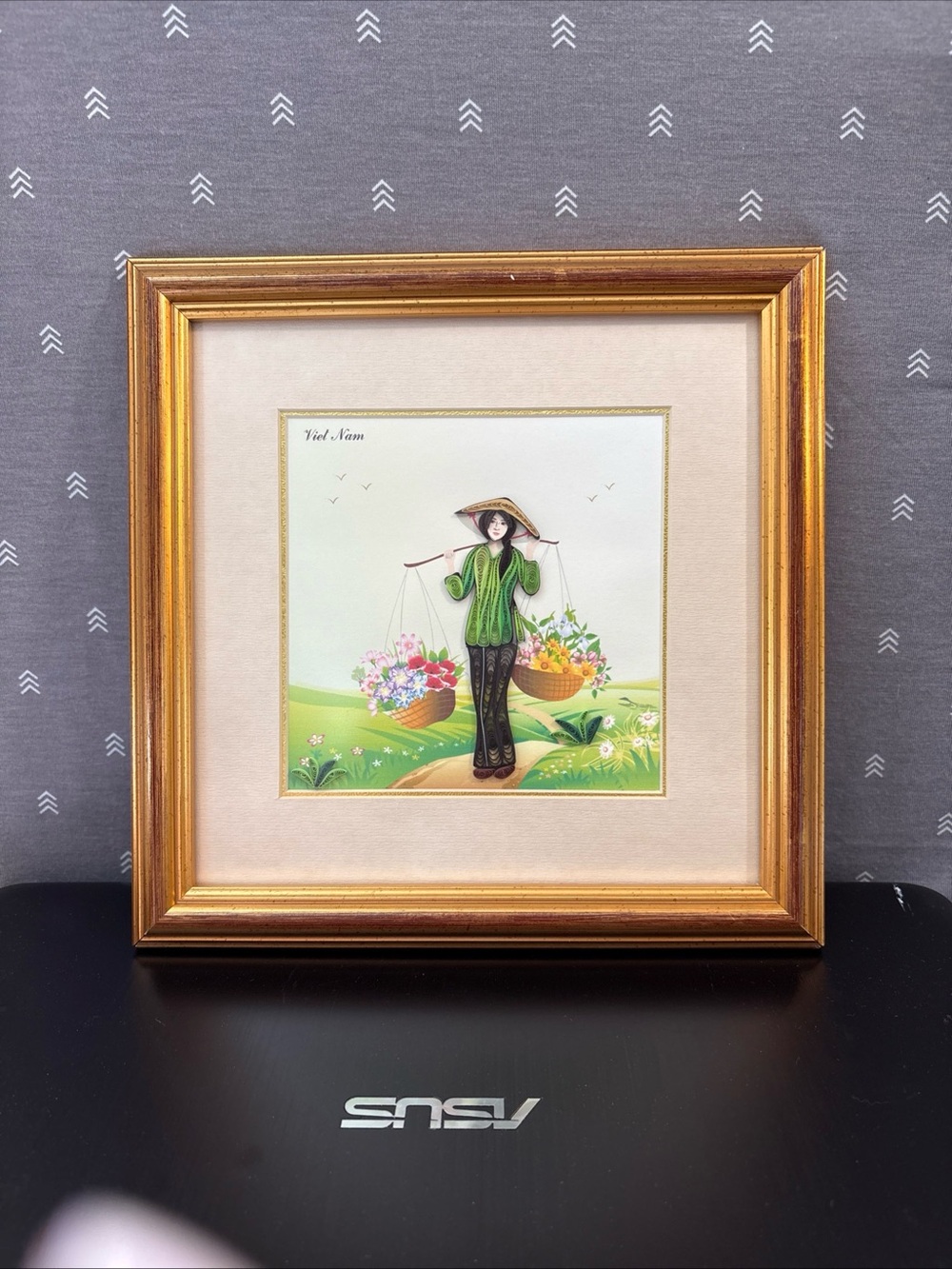 Vietnamese Quilling Artwork - Woman with Flower Baskets 9.5x9.5 frame. Beautiful